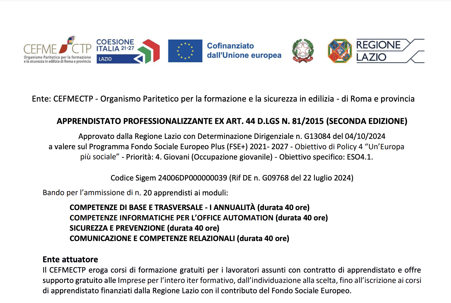 Corsi di formazione gratuiti per lavoratori assunti con contratto di apprendistato finanziati dalla Regione Lazio